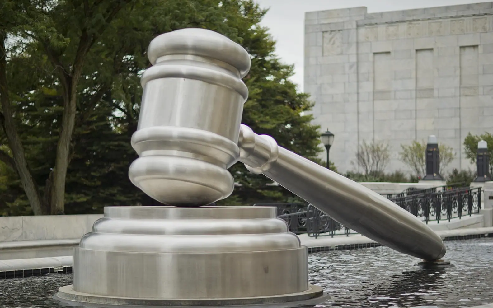 Gavel statue, pool and at
